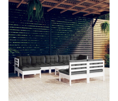 Muebles de jardín 10 pzas con cojines blanco madera de pino