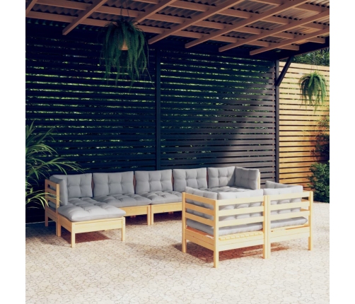 Juego de muebles de jardín 9 pzas y cojines madera maciza pino