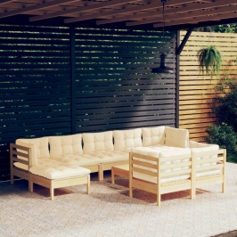 Muebles de jardín 10 pzas y cojines madera maciza de pino crema