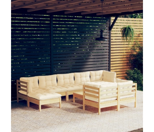 Muebles de jardín 10 pzas y cojines madera maciza de pino crema