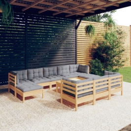 Juego de muebles de jardín 11 pzas y cojines madera maciza pino