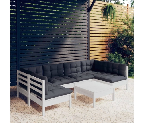 Muebles de jardín 7 pzas y cojines blanco madera maciza de pino