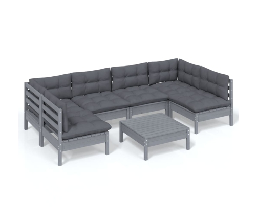 Muebles de jardín 7 pzas y cojines gris madera maciza de pino