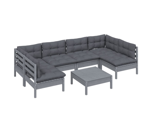 Muebles de jardín 7 pzas y cojines gris madera maciza de pino