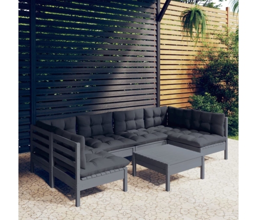 Muebles de jardín 7 pzas y cojines gris madera maciza de pino
