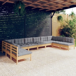 Juego de muebles de jardín 10 pzas y cojines madera maciza pino