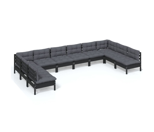 Muebles de jardín 10 pzas y cojines negro madera maciza de pino