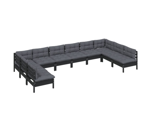 Muebles de jardín 10 pzas y cojines negro madera maciza de pino