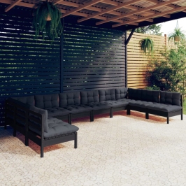 Muebles de jardín 10 pzas y cojines negro madera maciza de pino