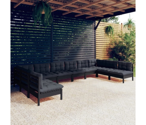 Muebles de jardín 10 pzas y cojines negro madera maciza de pino