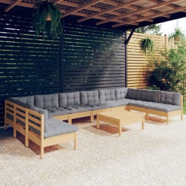 Juego de muebles de jardín 11 pzas y cojines madera maciza pino