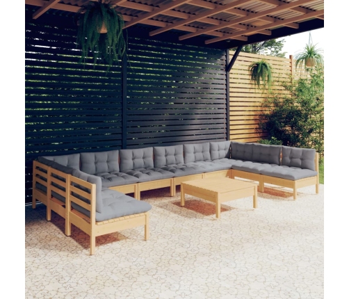 Juego de muebles de jardín 11 pzas y cojines madera maciza pino