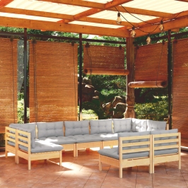 Juego de muebles de jardín 9 pzas y cojines madera maciza pino