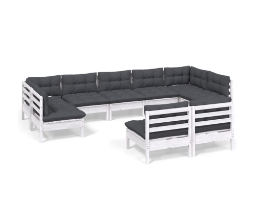 Muebles de jardín 9 pzas y cojines blanco madera maciza de pino