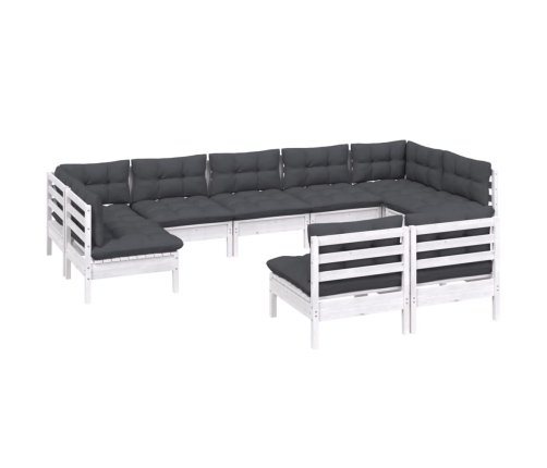 Muebles de jardín 9 pzas y cojines blanco madera maciza de pino