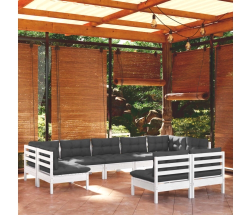 Muebles de jardín 9 pzas y cojines blanco madera maciza de pino