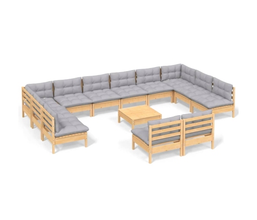 Muebles de jardín 13 pzas y cojines madera maciza de pino gris