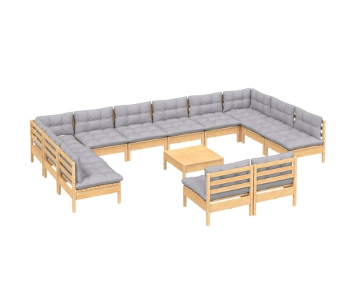 Muebles de jardín 13 pzas y cojines madera maciza de pino gris