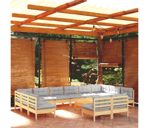 Muebles de jardín 13 pzas y cojines madera maciza de pino gris