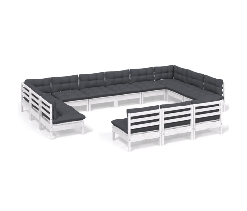 Muebles de jardín 13 pzas y cojines blanco madera maciza pino