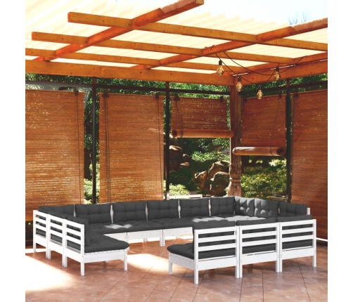 Muebles de jardín 13 pzas y cojines blanco madera maciza pino