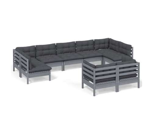 Muebles de jardín 9 pzas y cojines gris madera maciza de pino
