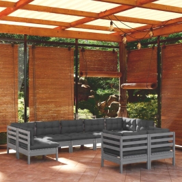 Muebles de jardín 9 pzas y cojines gris madera maciza de pino