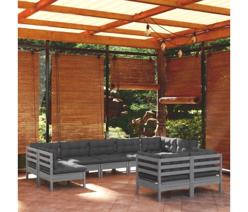 Muebles de jardín 9 pzas y cojines gris madera maciza de pino
