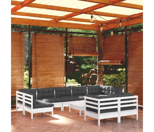 Muebles de jardín 10 pzas con cojines blanco madera maciza pino