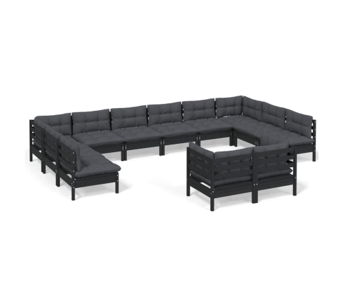 Muebles de jardín 12 pzas y cojines negro madera maciza de pino