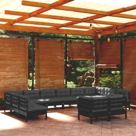 Muebles de jardín 12 pzas y cojines negro madera maciza de pino