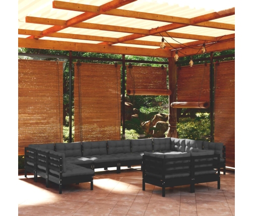 Muebles de jardín 12 pzas y cojines negro madera maciza de pino