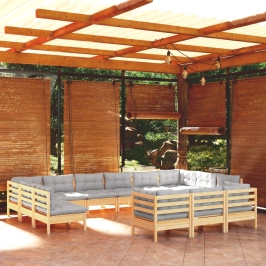 Juego de muebles de jardín 13 pzas y cojines madera pino gris