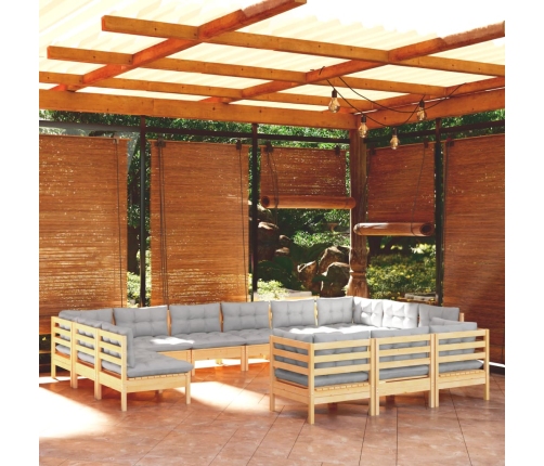 Juego de muebles de jardín 13 pzas y cojines madera pino gris