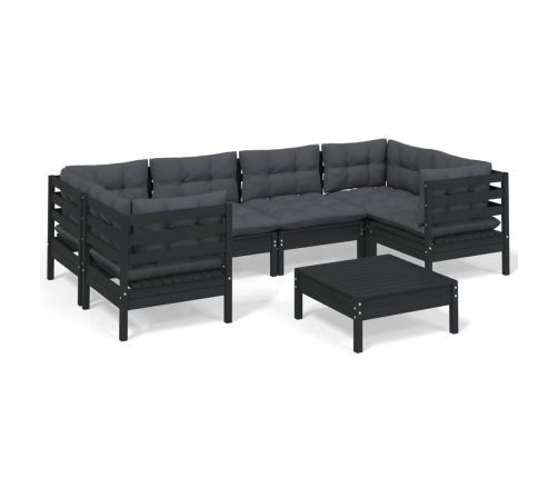 Muebles de jardín 7 pzas con cojines negro madera de pino