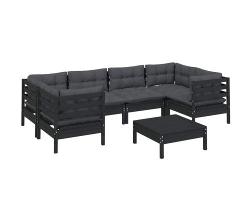 Muebles de jardín 7 pzas con cojines negro madera de pino