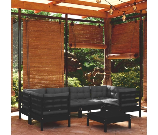Muebles de jardín 7 pzas con cojines negro madera de pino