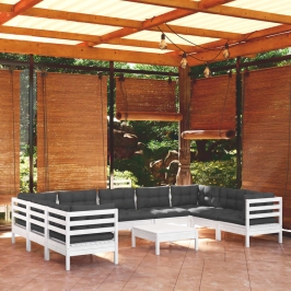 Muebles de jardín 10 pzas con cojines blanco madera de pino