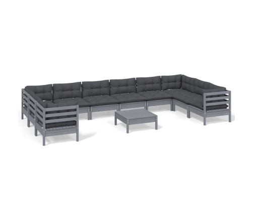 Muebles de jardín 11 pzas y cojines madera de pino gris