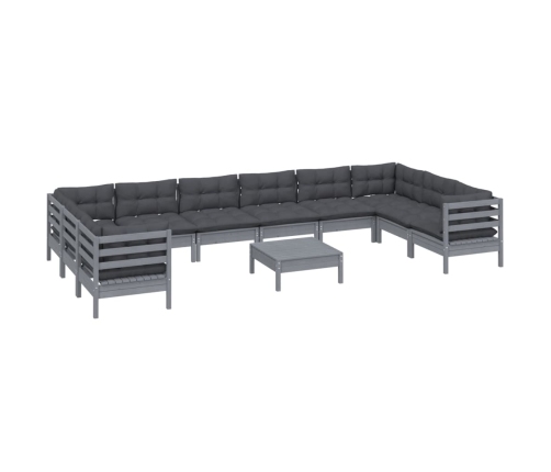 Muebles de jardín 11 pzas y cojines madera de pino gris