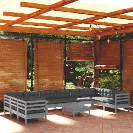Muebles de jardín 11 pzas y cojines madera de pino gris