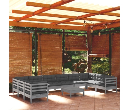 Muebles de jardín 11 pzas y cojines madera de pino gris