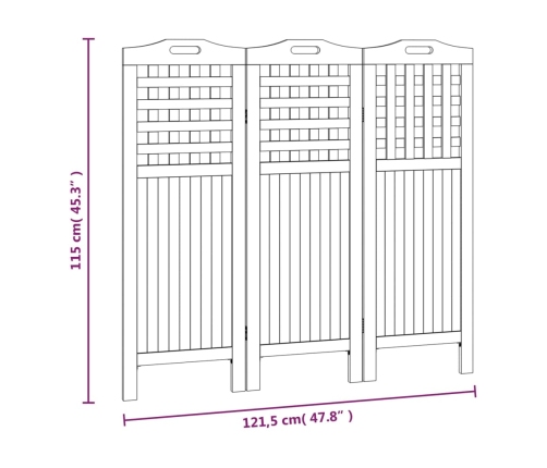 Biombo de 3 paneles de madera maciza de acacia 121,5x2x115 cm