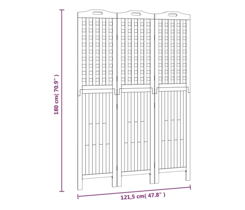 Biombo de 3 paneles de madera maciza de acacia 121,5x2x180 cm