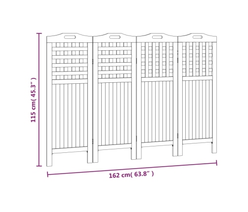 Biombo de 4 paneles de madera maciza de acacia 162x2x115 cm