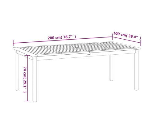 Mesa de jardín de madera maciza de acacia 200x100x74 cm