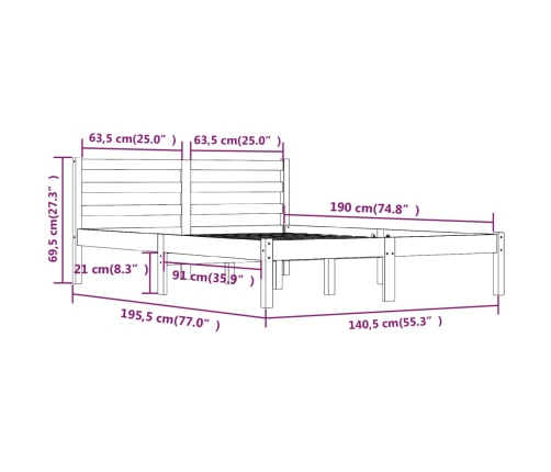 vidaXL Estructura de cama madera maciza de pino gris 135x190 cm