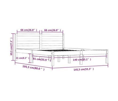 Estructura de cama madera maciza de pino gris 140x190 cm