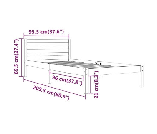 Estructura de cama sin colchón madera maciza de pino 90x200 cm