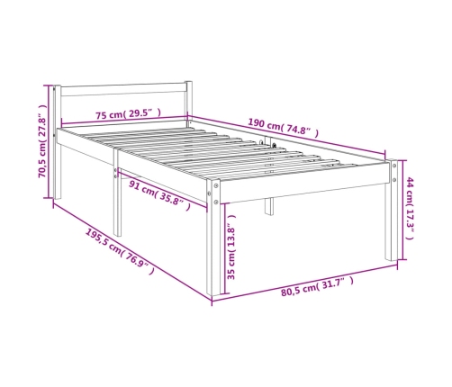 vidaXL Cama de personas mayores madera maciza de pino 75x190 cm